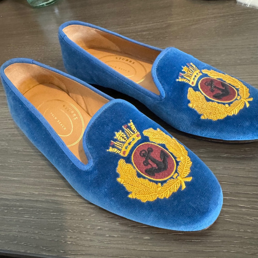 Stubbs & Wootton Crest Velvet Slippers Womens 6.5 Blue Anchor Smoking Loafers